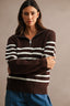 Striped Half-Zip Oversized Sailor Collar Knit Sweater Top (Brown/Cream)