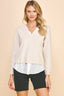 V-Neck Knit Woven Combo Top (Oatmeal)