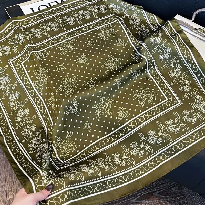 Floral Dot Satin Square Scarf (Olive)
