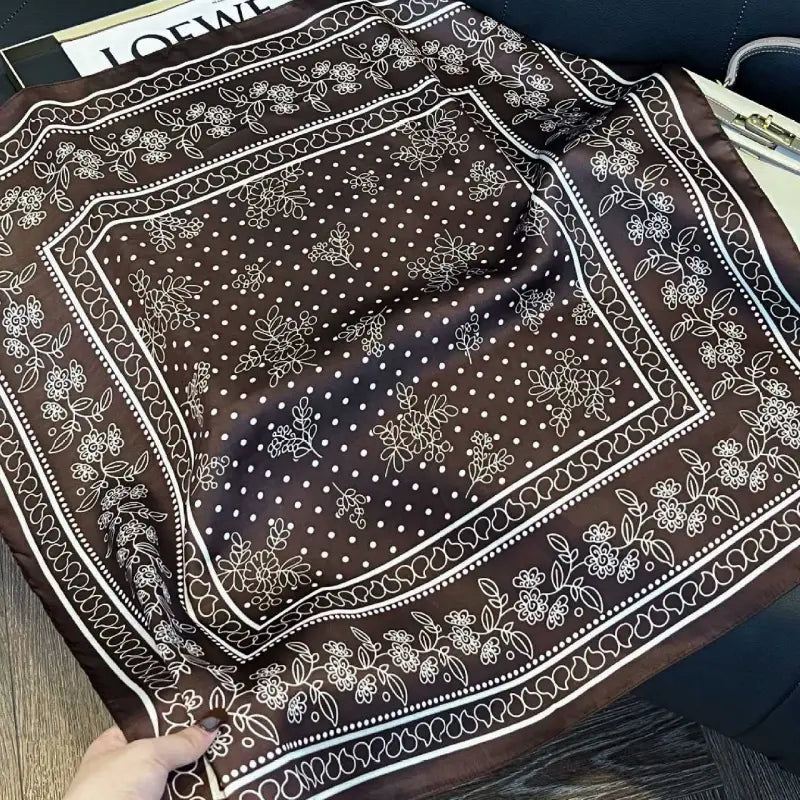 Floral Dot Satin Square Scarf (Brown)
