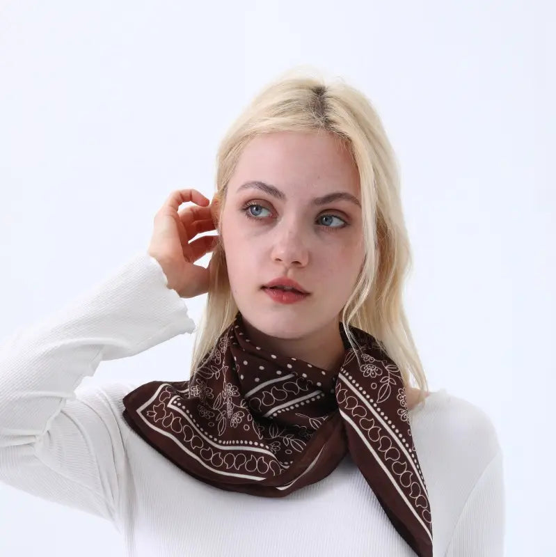 Floral Dot Satin Square Scarf (Brown)