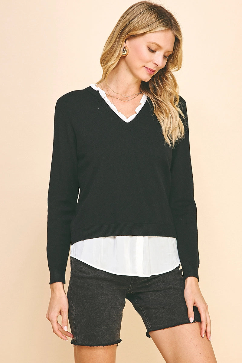 V-Neck Knit Woven Combo Top (Black)