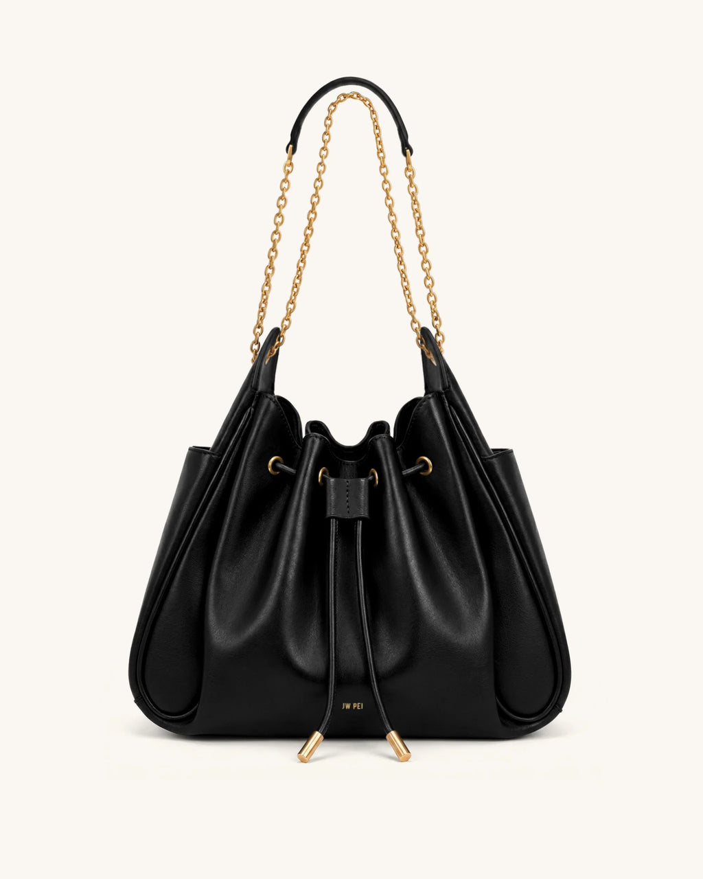 JW PEI Rowan Ruched Drawstring Chain Bucket Bag (Black)