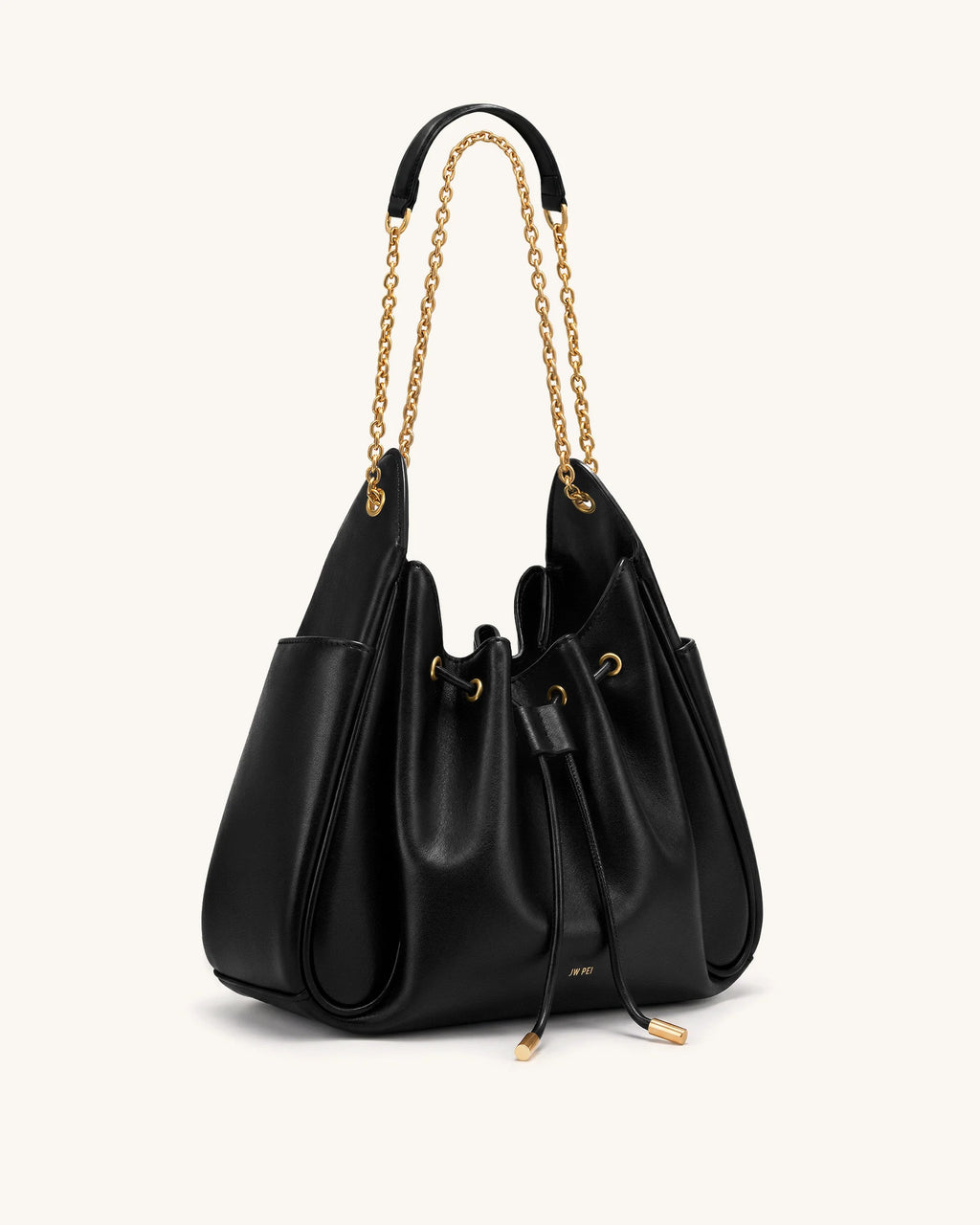 JW PEI Rowan Ruched Drawstring Chain Bucket Bag (Black)