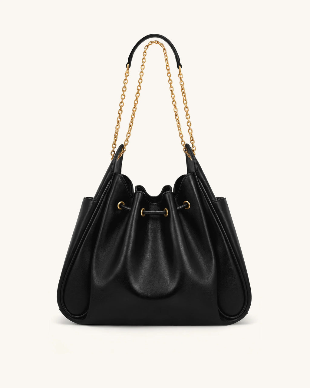 JW PEI Rowan Ruched Drawstring Chain Bucket Bag (Black)