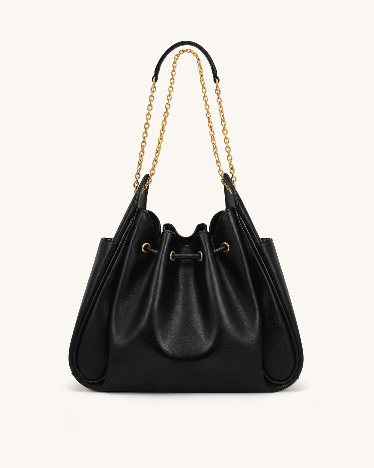 JW PEI Rowan Ruched Drawstring Chain Bucket Bag (Black)