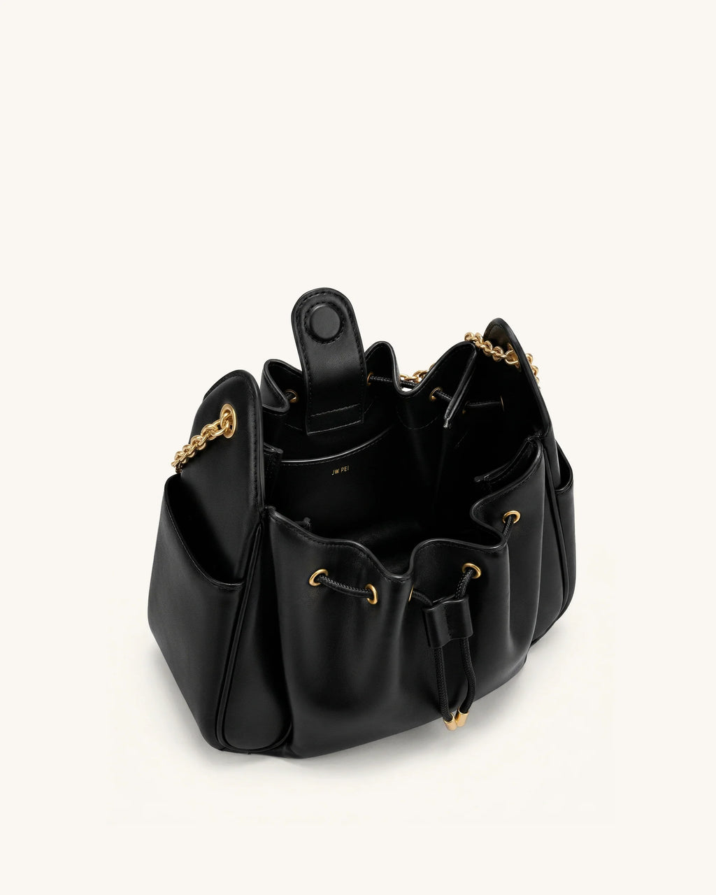 JW PEI Rowan Ruched Drawstring Chain Bucket Bag (Black)