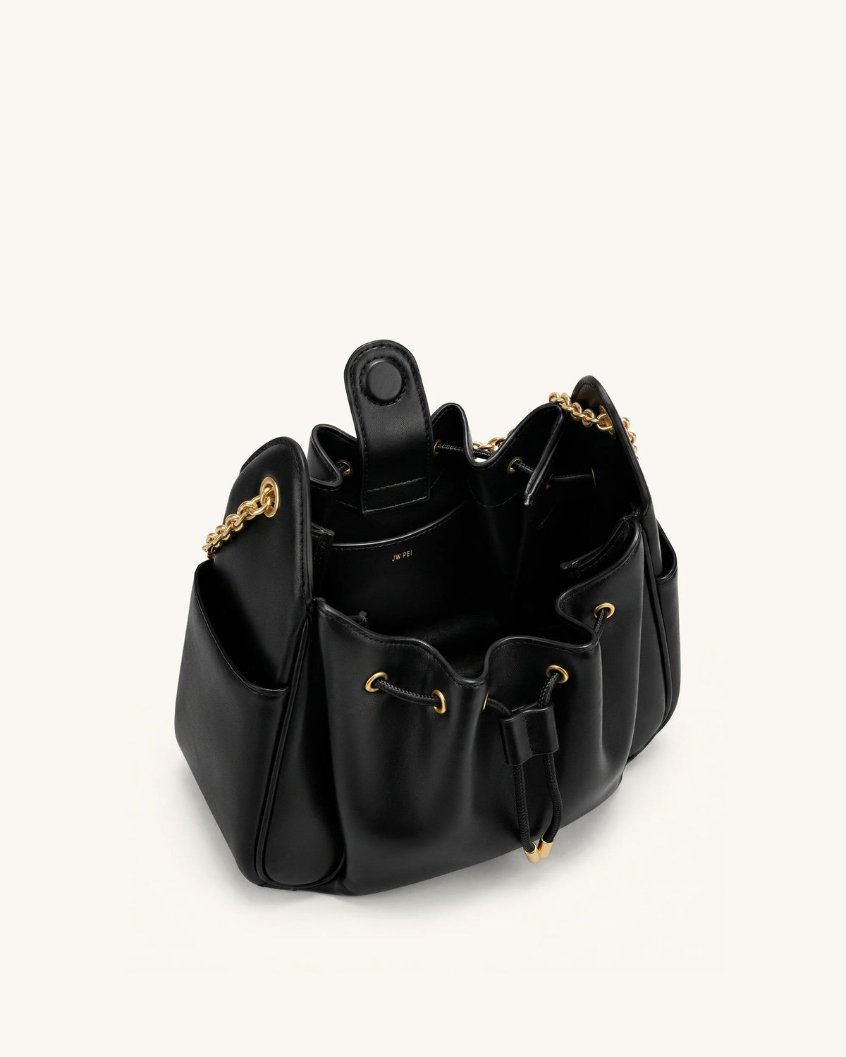JW PEI Rowan Ruched Drawstring Chain Bucket Bag (Black)