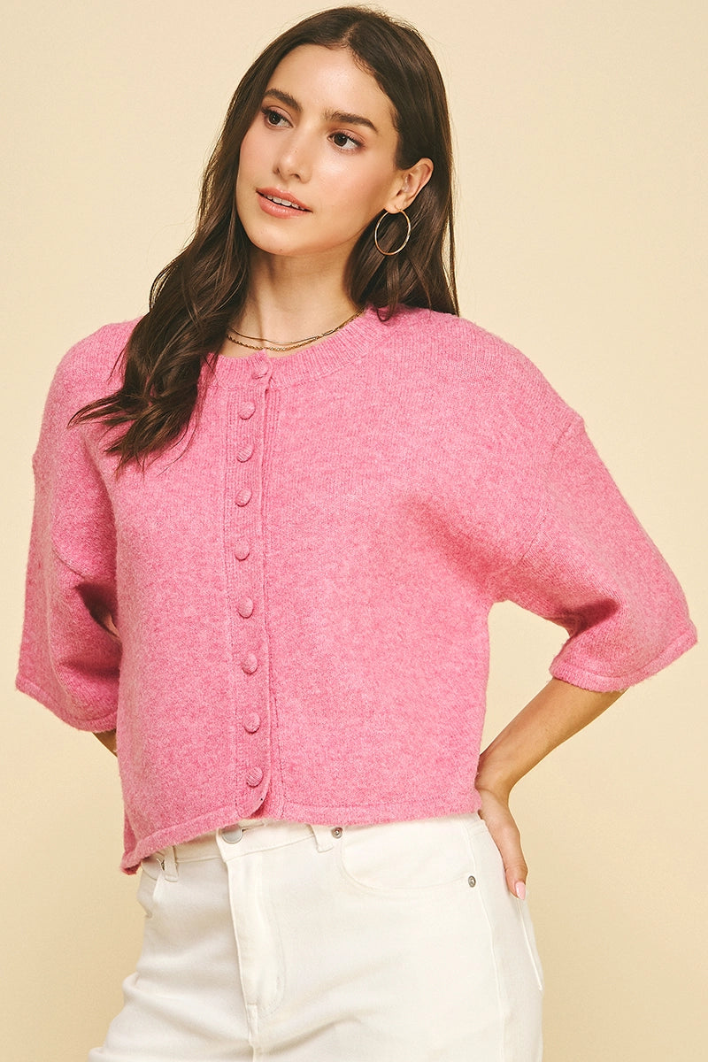 Button Down Short Sleeve Sweater (Pink)