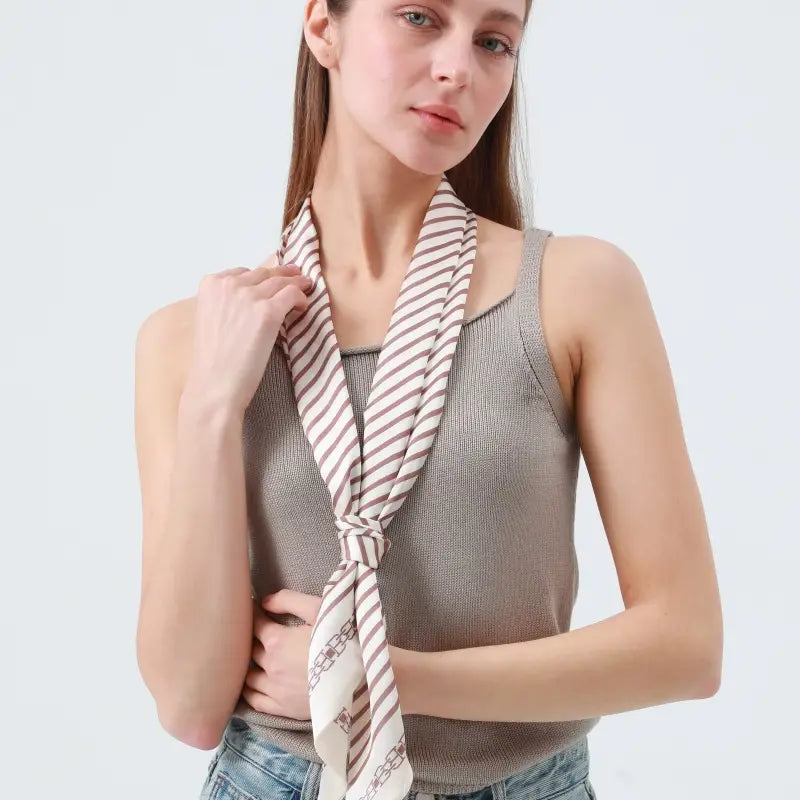 Striped Satin Silky Skinny Scarf (Cream)
