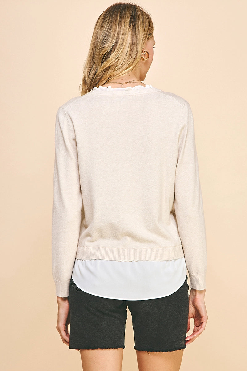 V-Neck Knit Woven Combo Top (Oatmeal)
