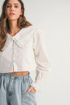 Krista Ruffle Bib Collar Poplin Crop Shirt