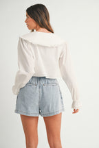 Krista Ruffle Bib Collar Poplin Crop Shirt