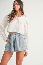 Krista Ruffle Bib Collar Poplin Crop Shirt
