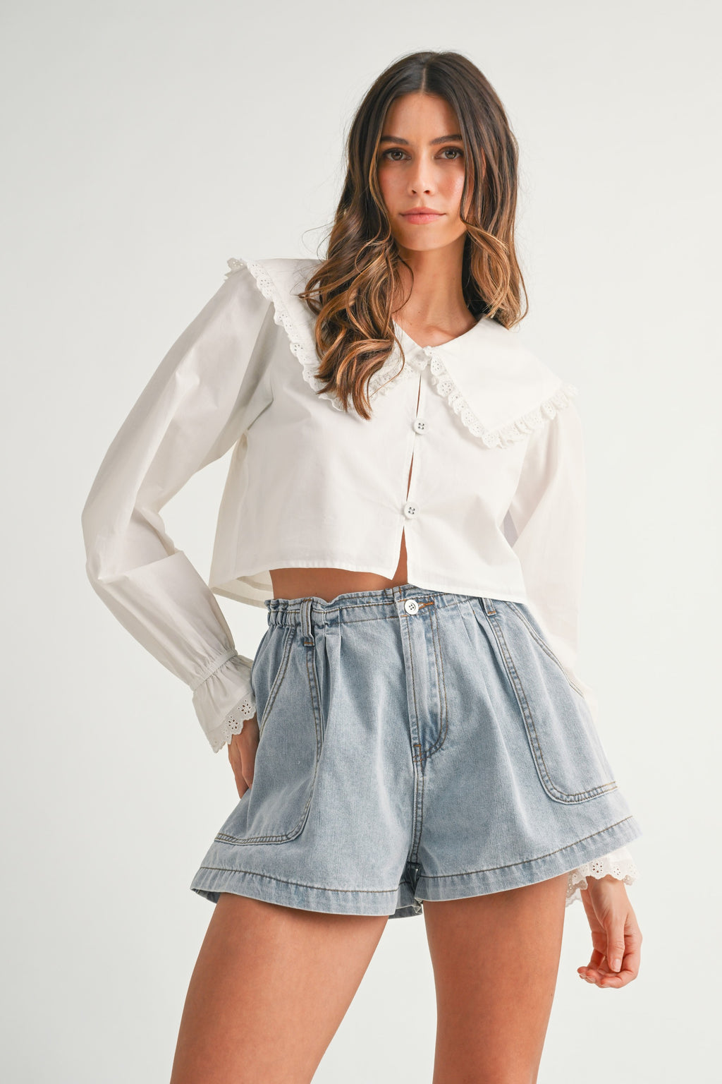 Krista Ruffle Bib Collar Poplin Crop Shirt