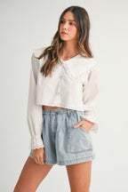 Krista Ruffle Bib Collar Poplin Crop Shirt