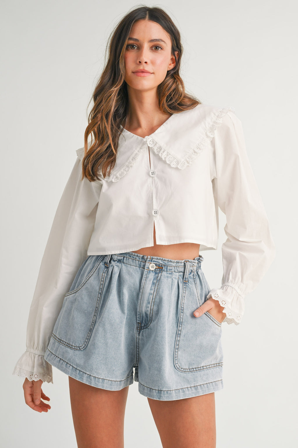 Krista Ruffle Bib Collar Poplin Crop Shirt