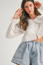 Krista Ruffle Bib Collar Poplin Crop Shirt