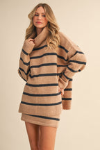 Oversized Striped Turtle Neck Sweater And Skirt