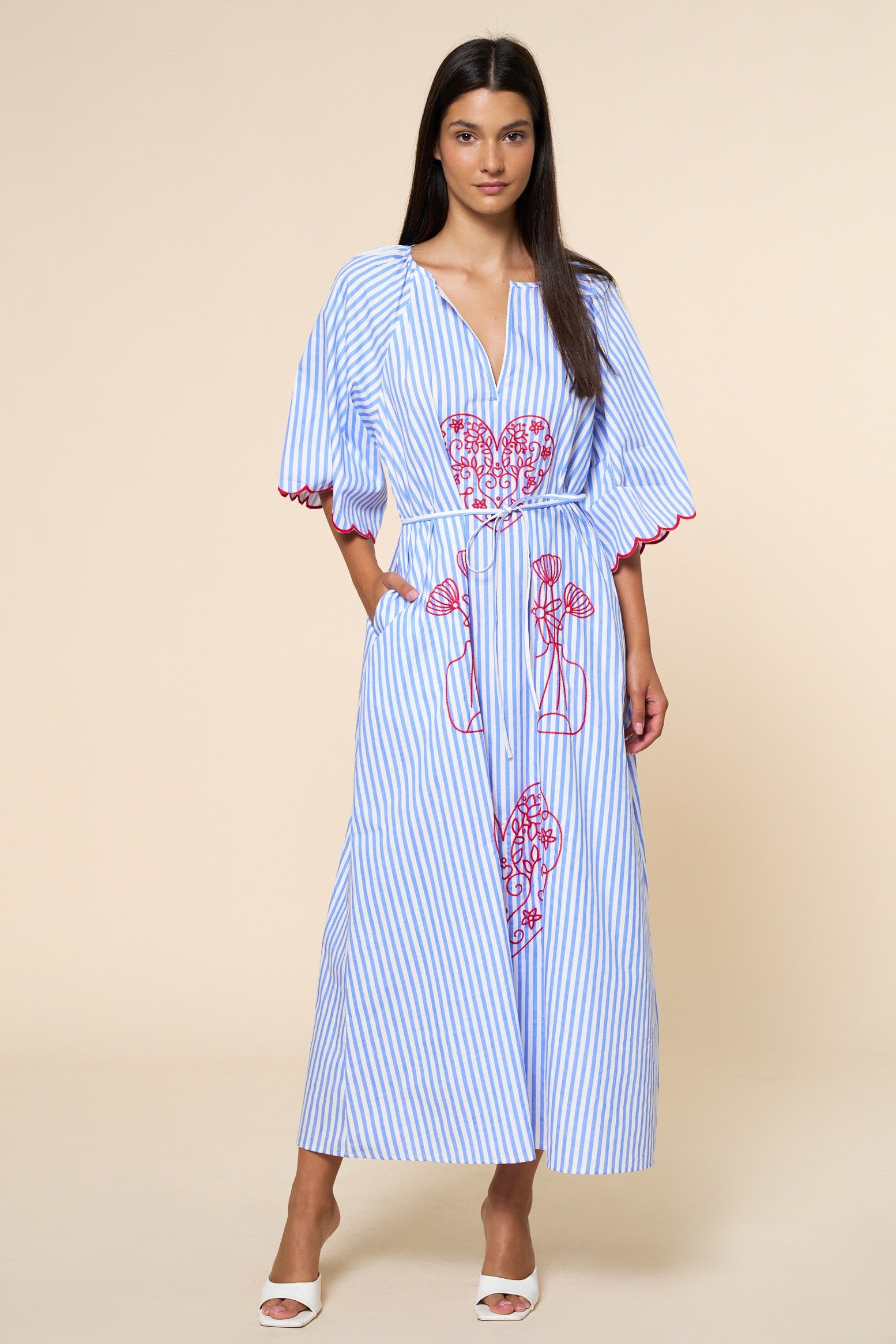 Striped Heart & Flower Embroidery Maxi Dress