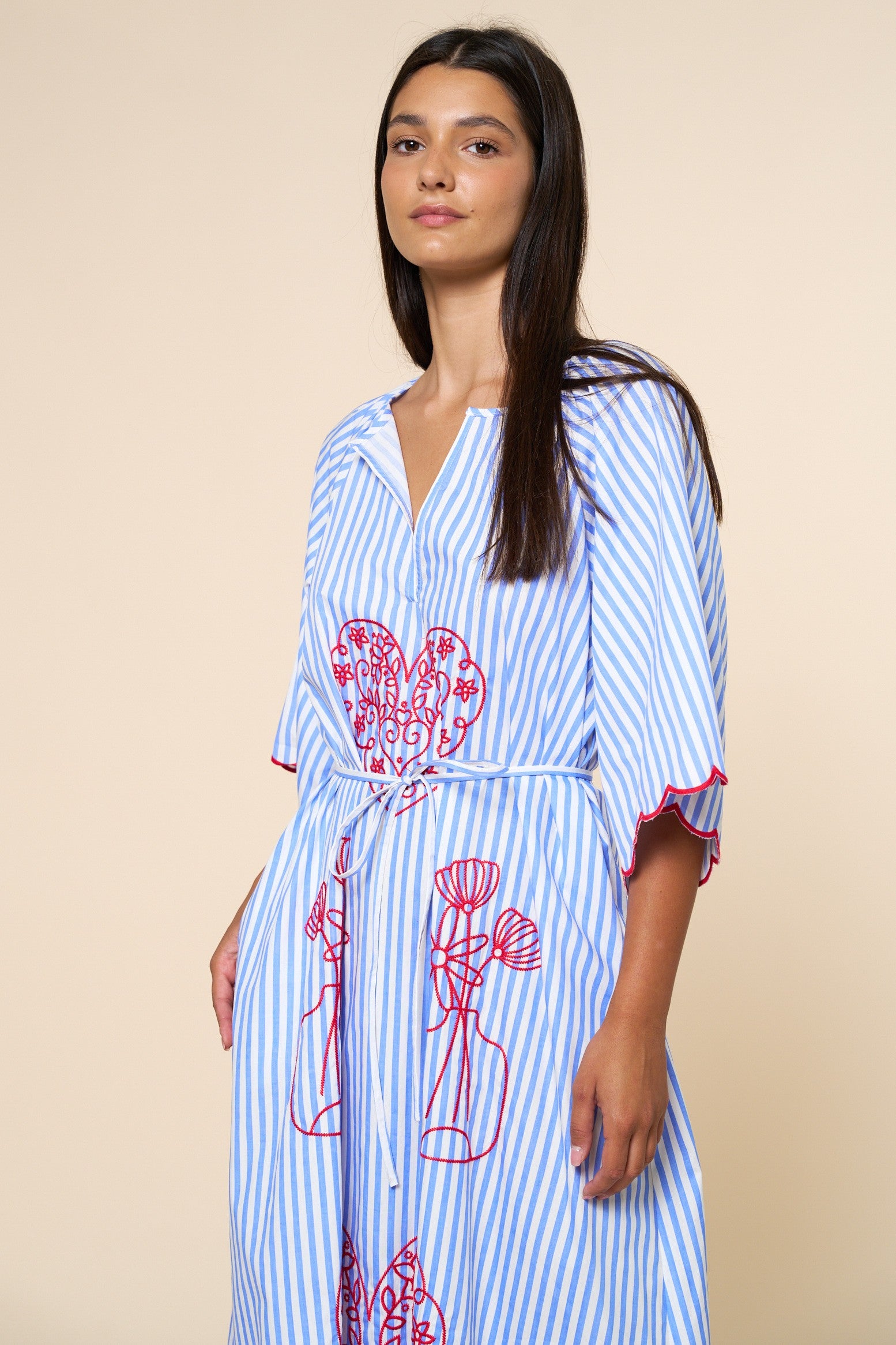 Striped Heart & Flower Embroidery Maxi Dress