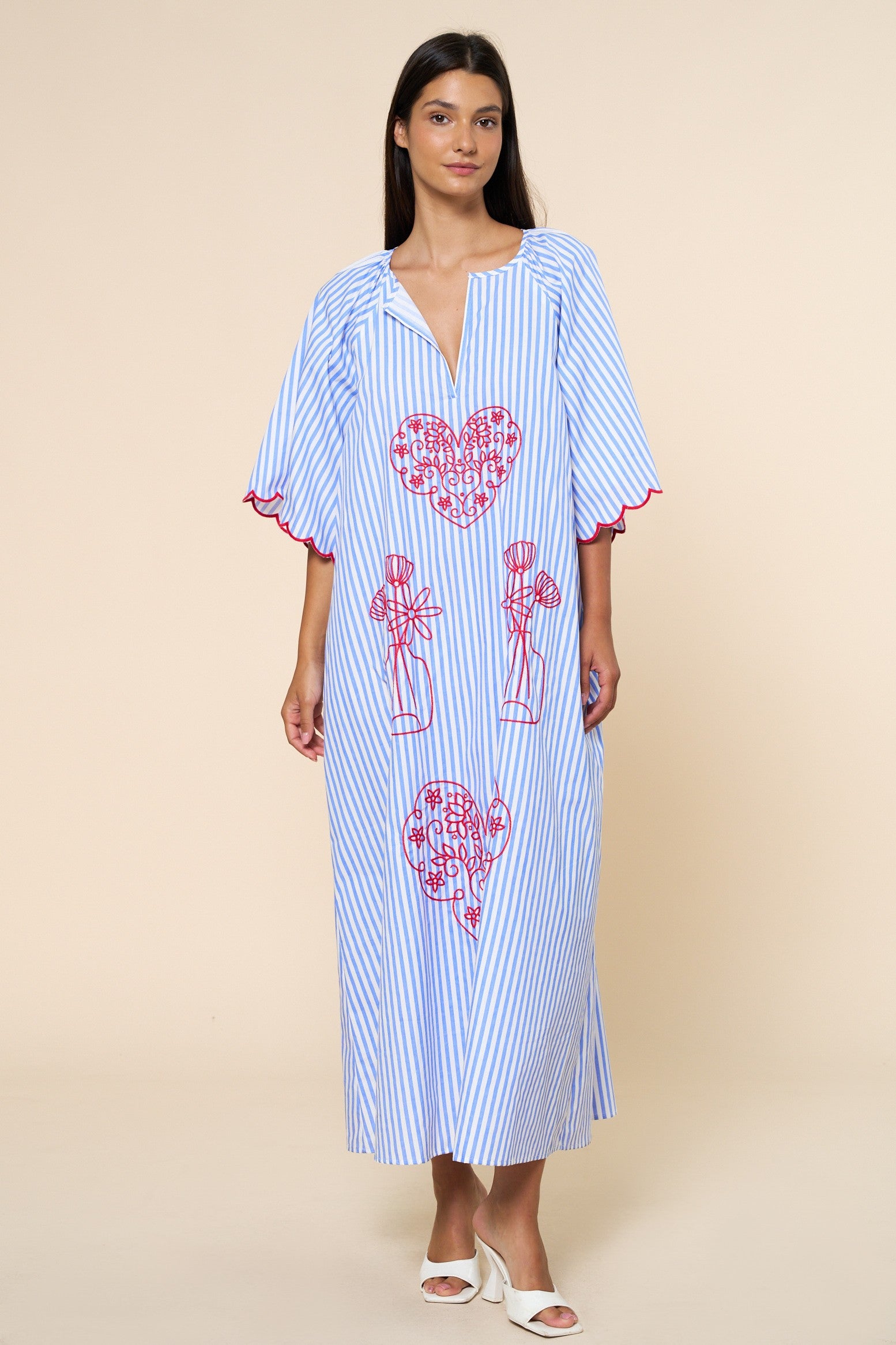 Striped Heart & Flower Embroidery Maxi Dress