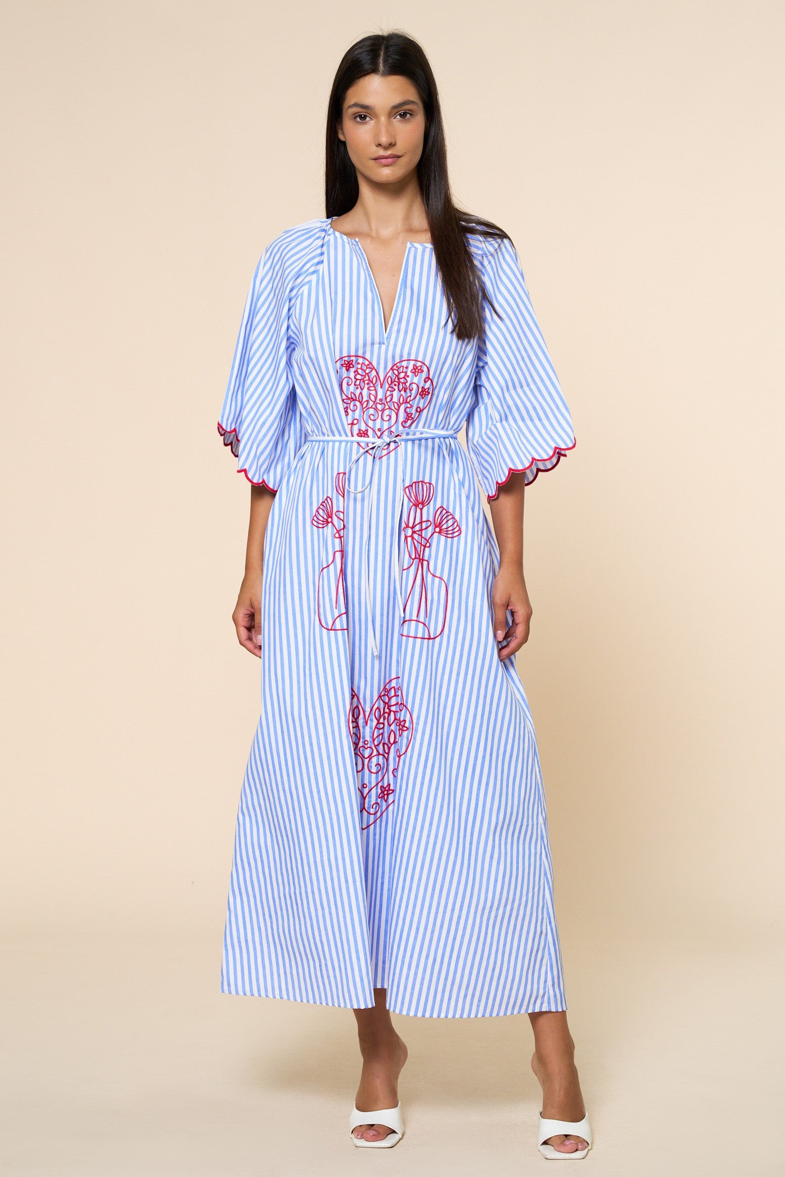 Striped Heart & Flower Embroidery Maxi Dress