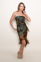 Strapless Asymmetrical Midi Dress with Fringe Hem