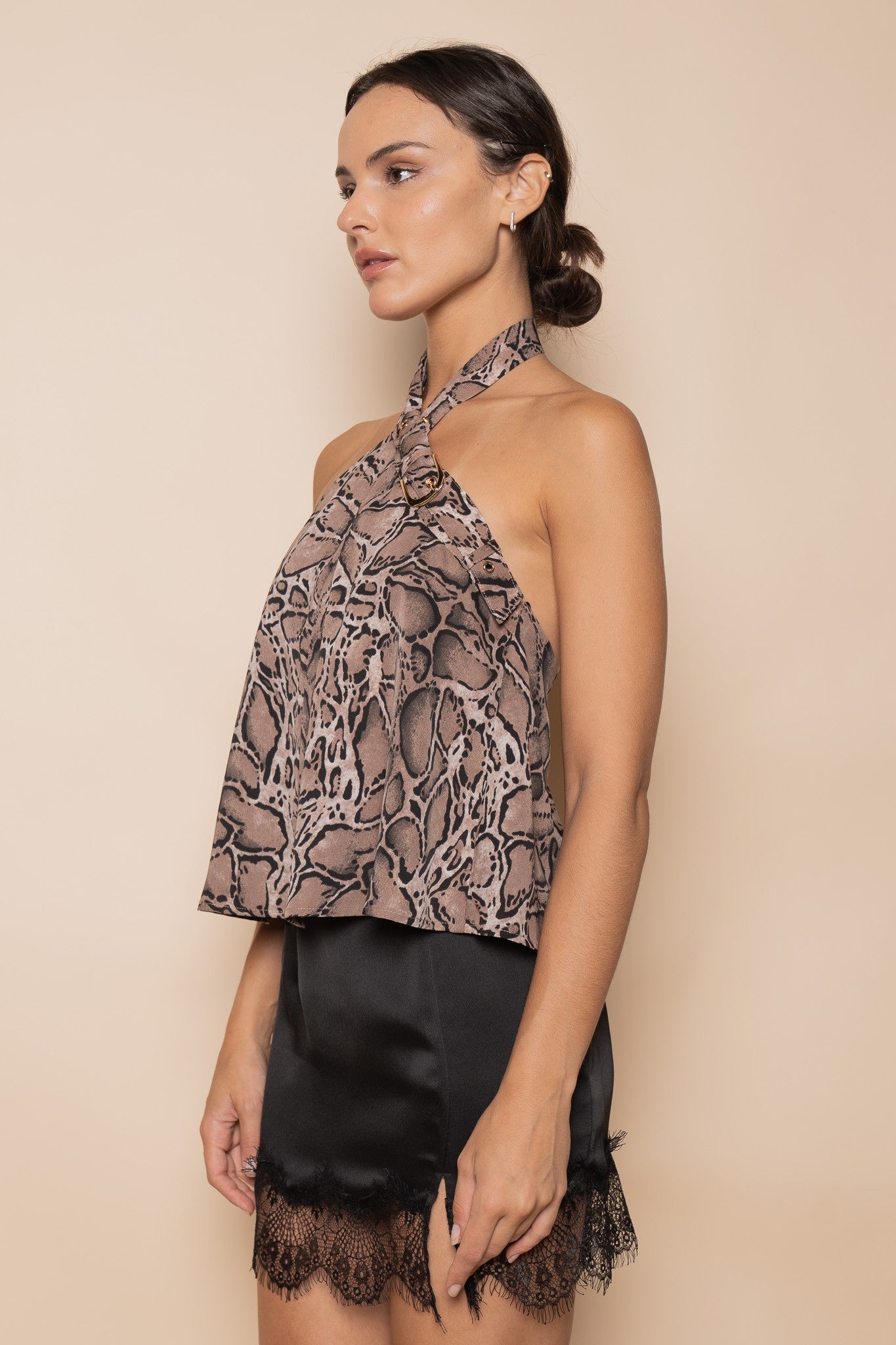 Chic Modern Snake Animal Print Halter Buckle Top