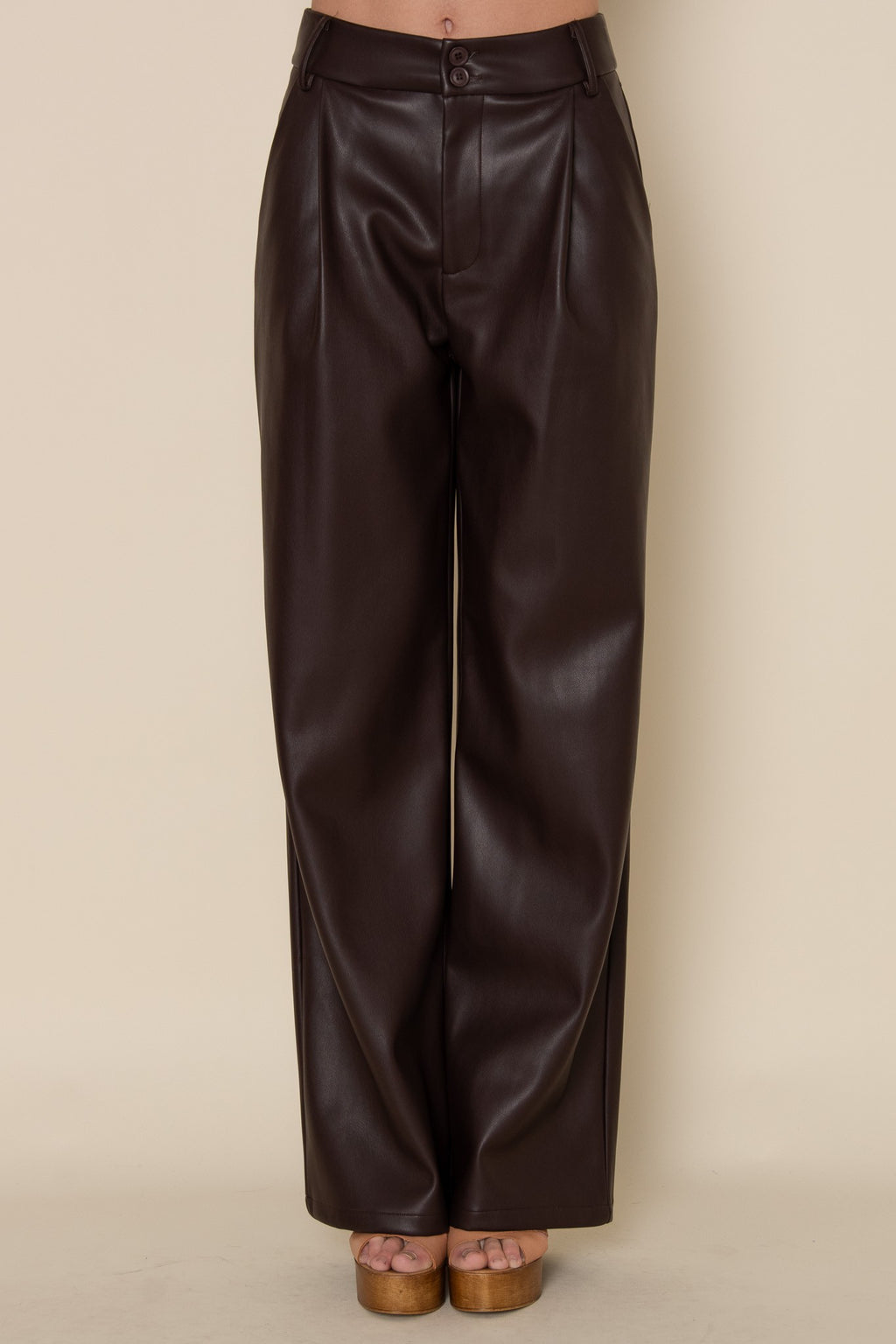 Espresso Single Pleat Vegan Leather Pants