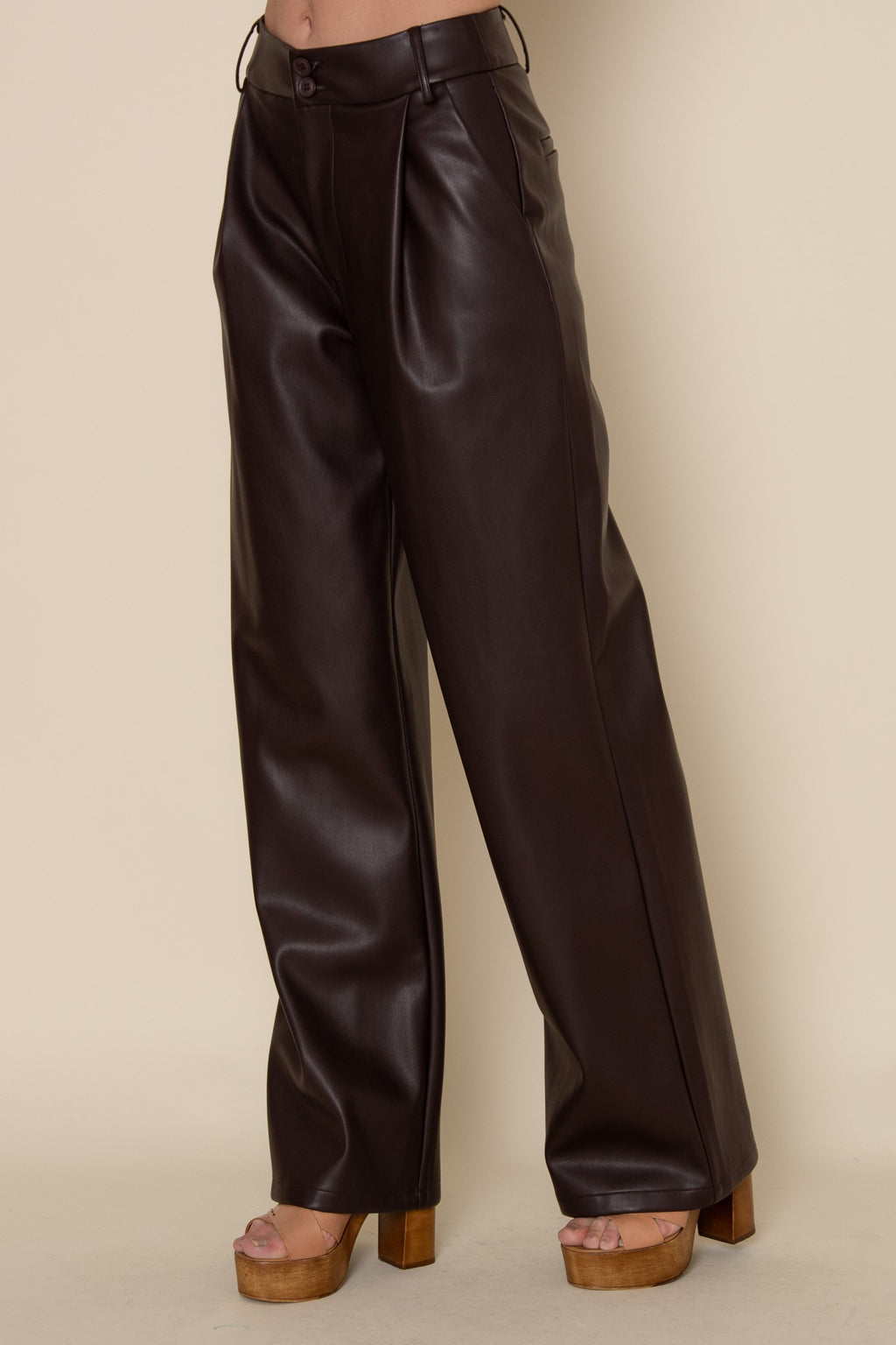 Espresso Single Pleat Vegan Leather Pants
