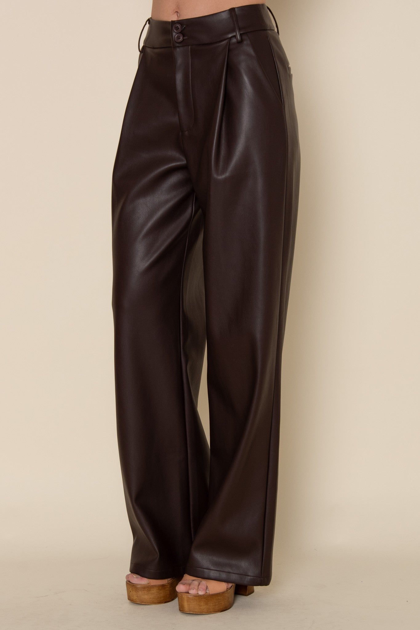Espresso Single Pleat Vegan Leather Pants