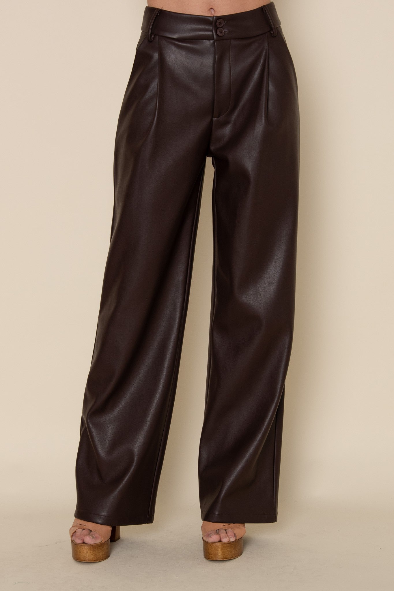 Espresso Single Pleat Vegan Leather Pants