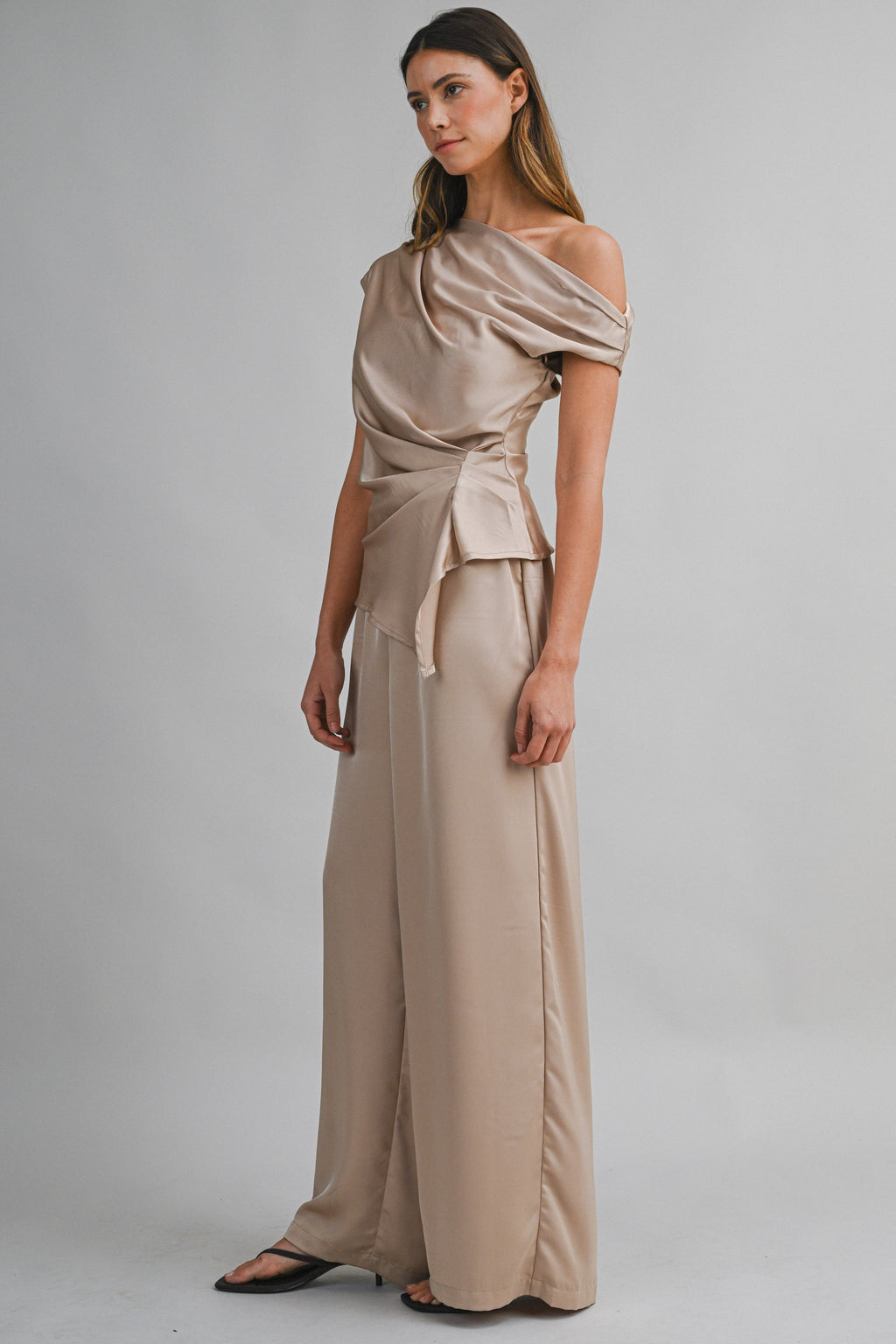 Asymmetric One Shoulder Drape Top And Pants Set