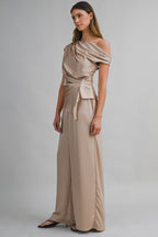 Asymmetric One Shoulder Drape Top And Pants Set