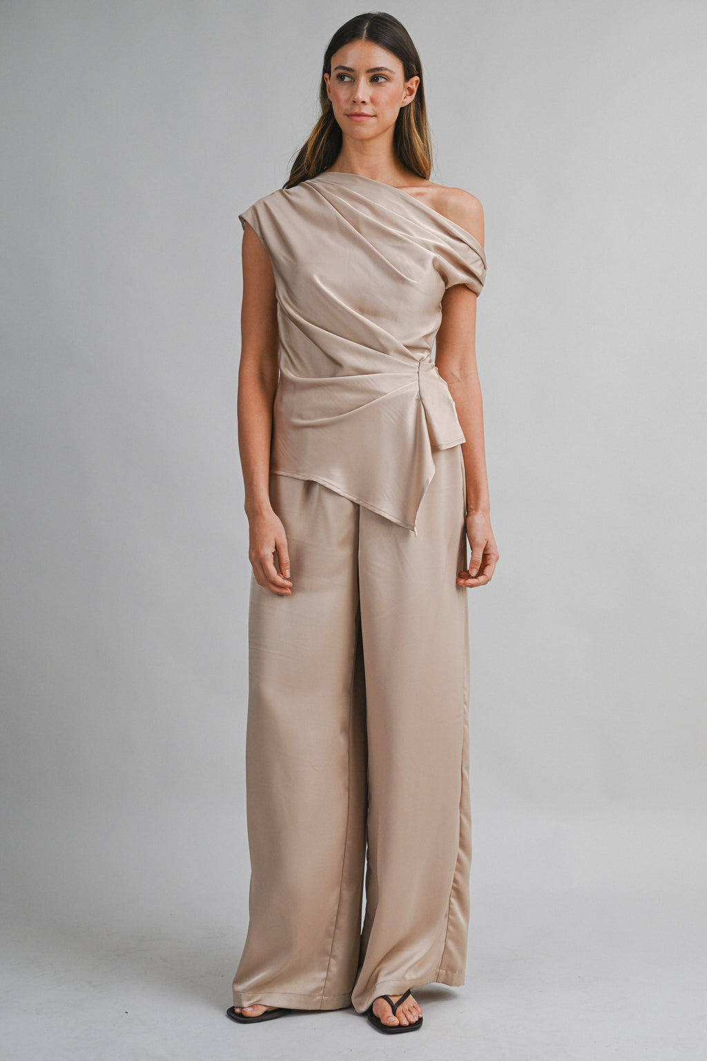 Asymmetric One Shoulder Drape Top And Pants Set