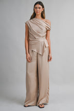Asymmetric One Shoulder Drape Top And Pants Set