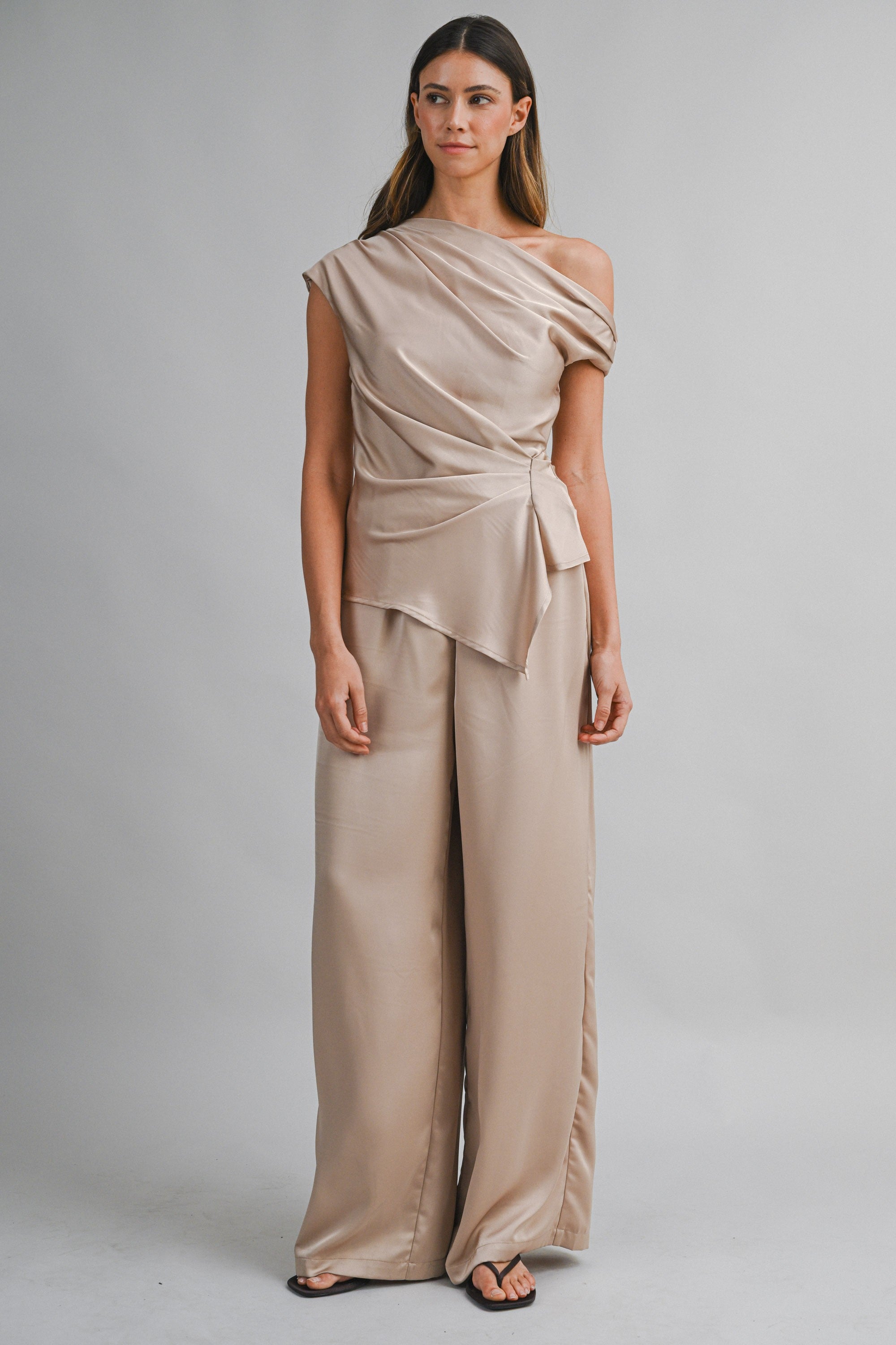 Asymmetric One Shoulder Drape Top And Pants Set