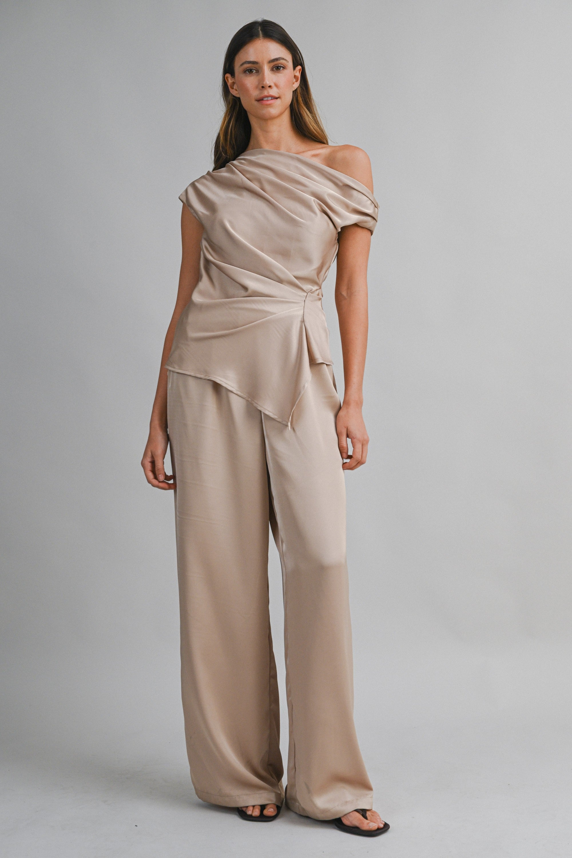 Asymmetric One Shoulder Drape Top And Pants Set Main image