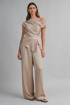 Asymmetric One Shoulder Drape Top And Pants Set