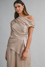 Asymmetric One Shoulder Drape Top And Pants Set