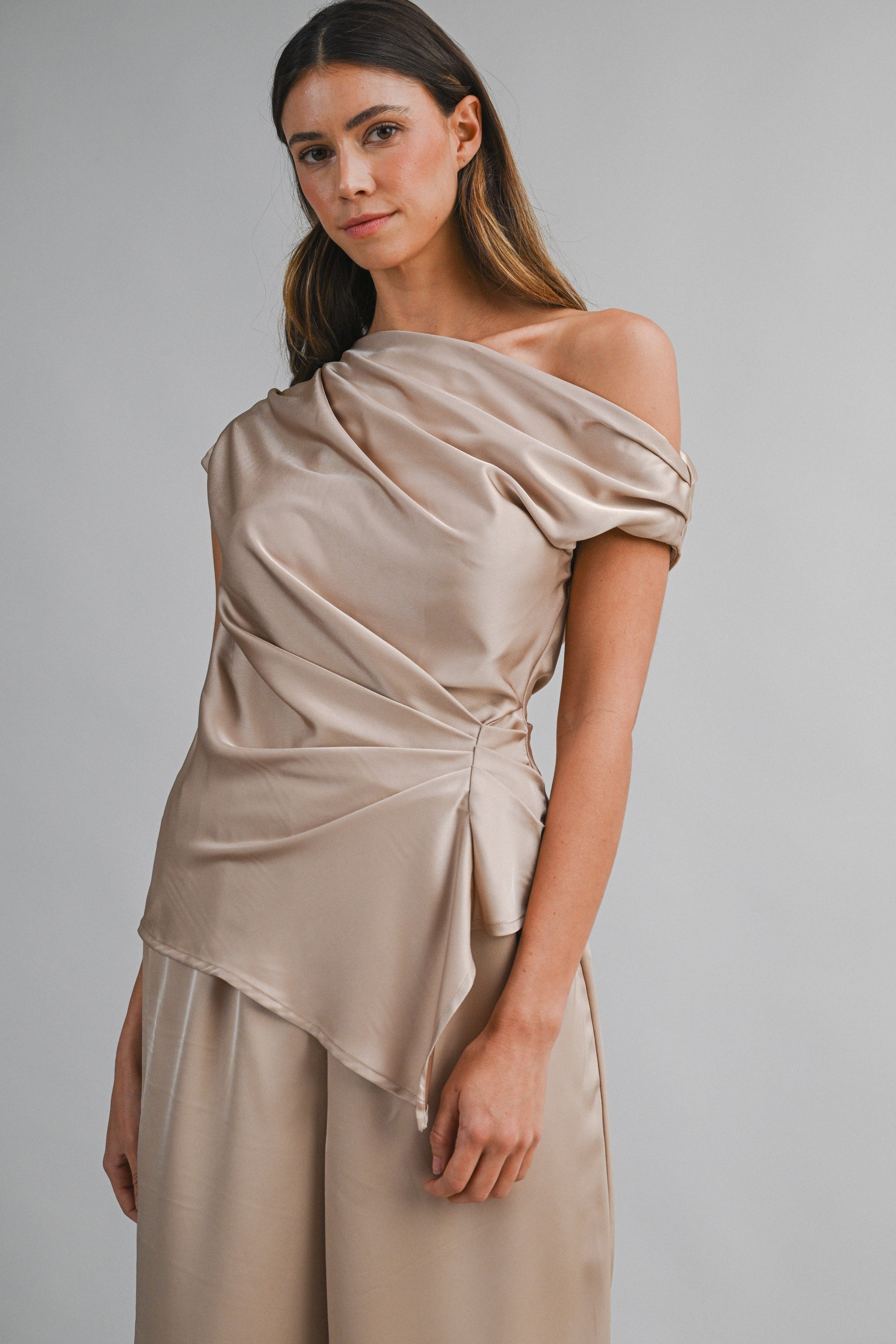 Asymmetric One Shoulder Drape Top And Pants Set