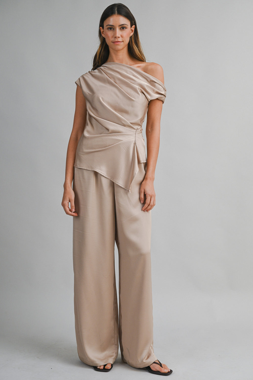 Asymmetric One Shoulder Drape Top And Pants Set