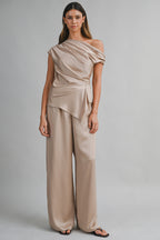 Asymmetric One Shoulder Drape Top And Pants Set