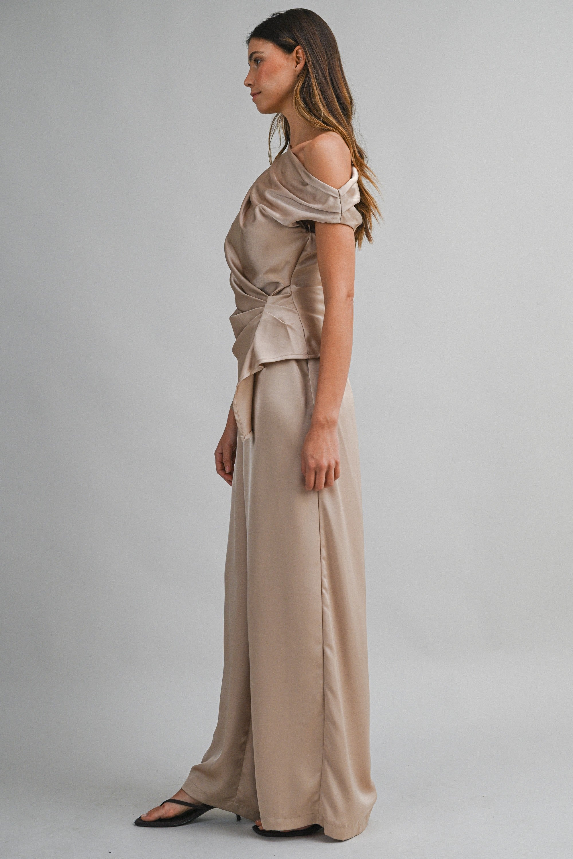 Asymmetric One Shoulder Drape Top And Pants Set