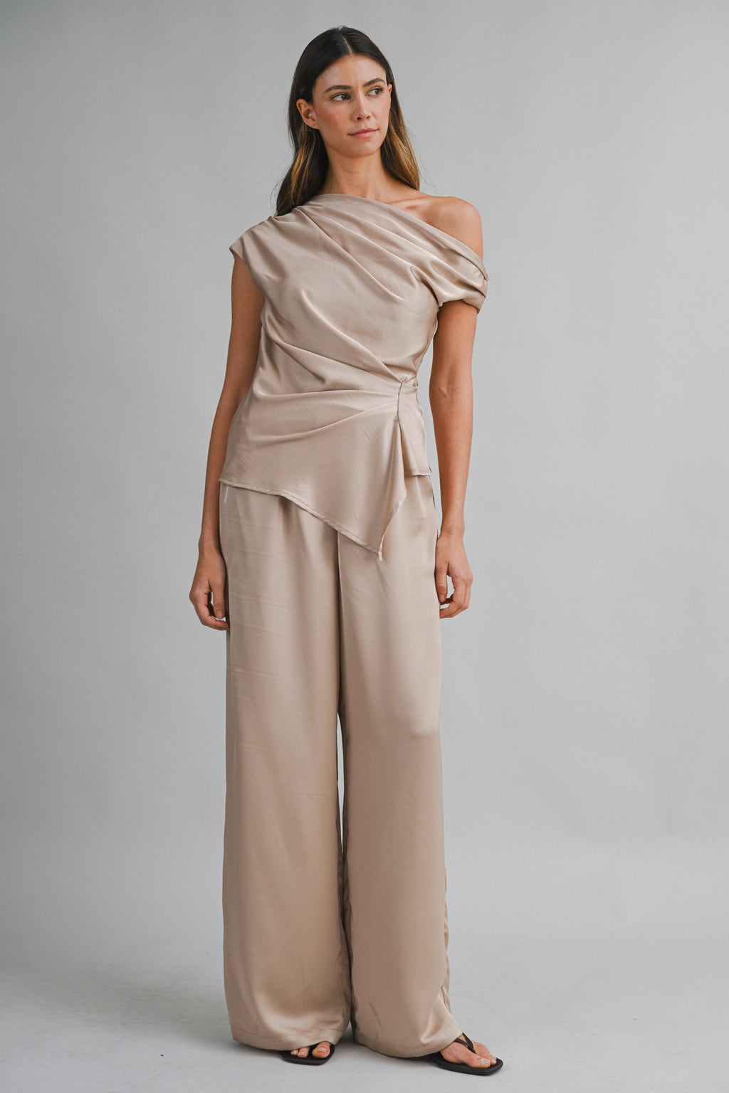 Asymmetric One Shoulder Drape Top And Pants Set