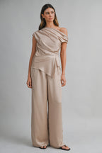 Asymmetric One Shoulder Drape Top And Pants Set