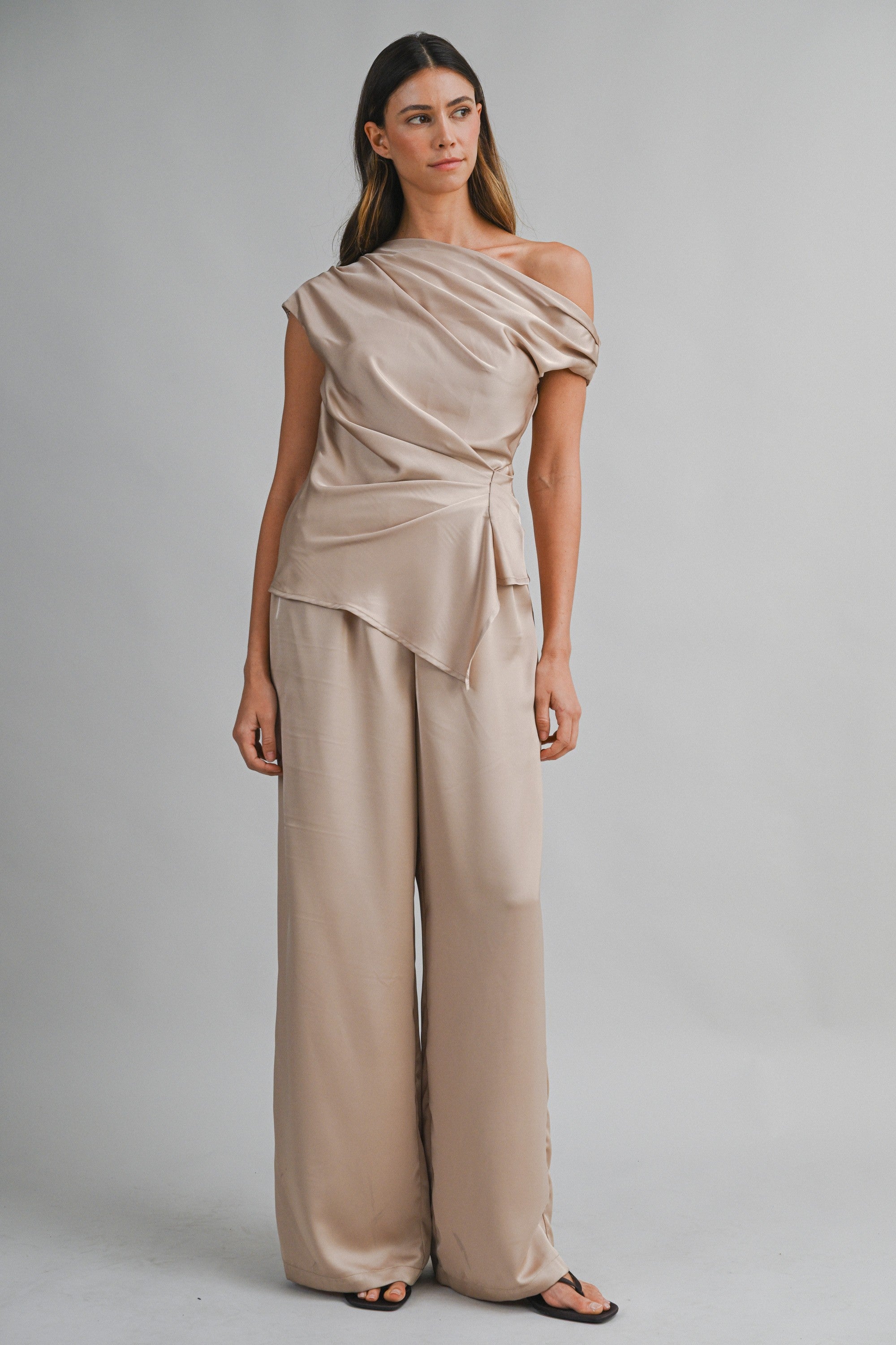 Asymmetric One Shoulder Drape Top And Pants Set