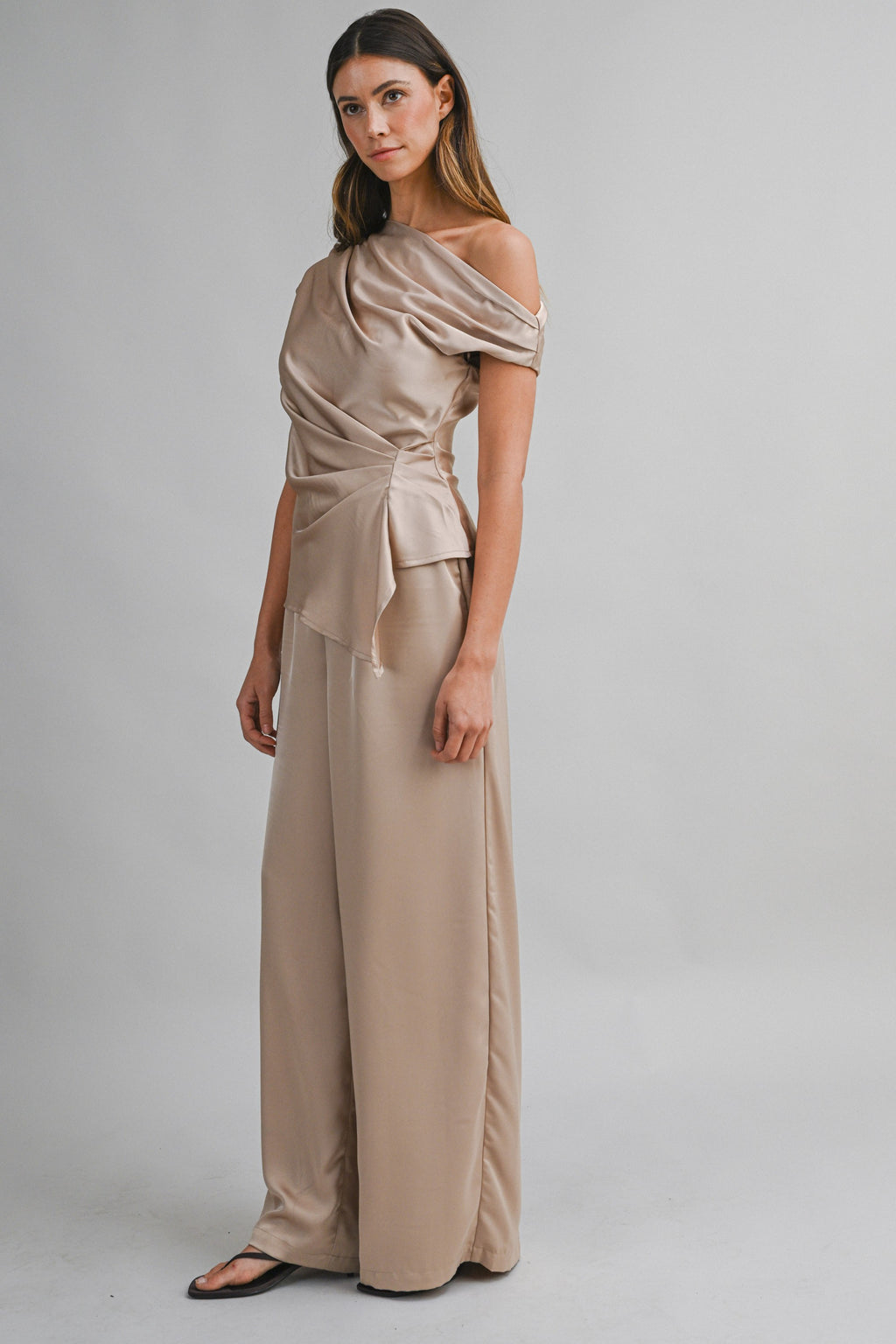 Asymmetric One Shoulder Drape Top And Pants Set