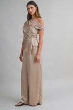Asymmetric One Shoulder Drape Top And Pants Set